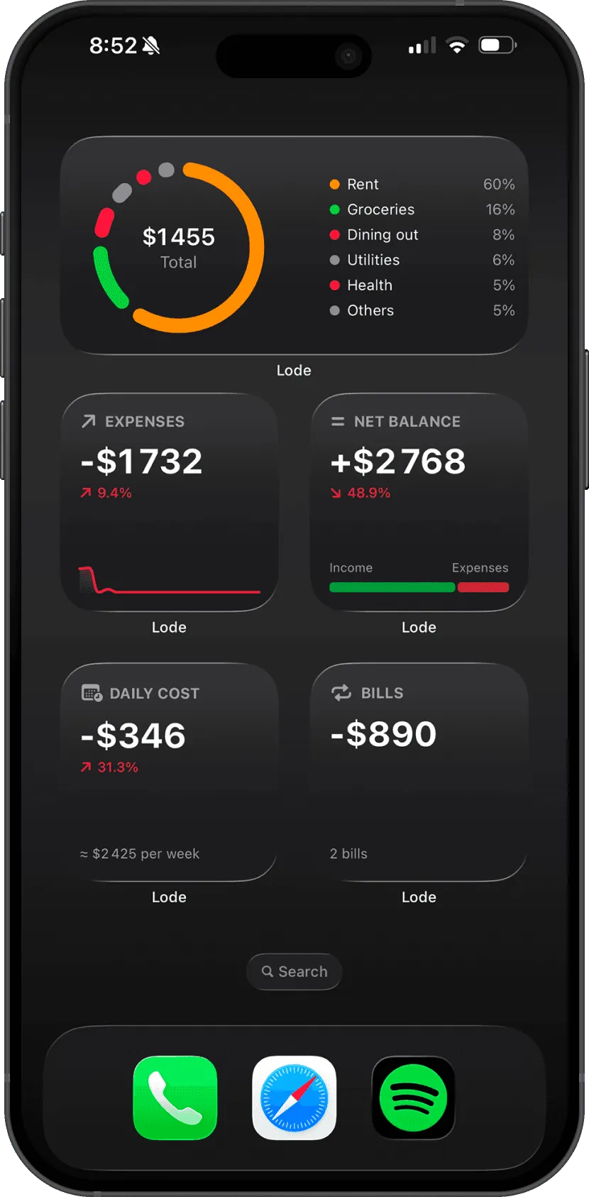 Lode widgets on the Home Screen: spending by category, expenses, net balance, daily cost and bills