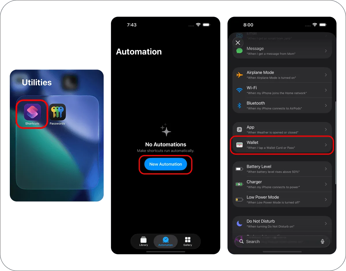 Opening Shortcuts, tapping New Automation and choosing the Wallet trigger