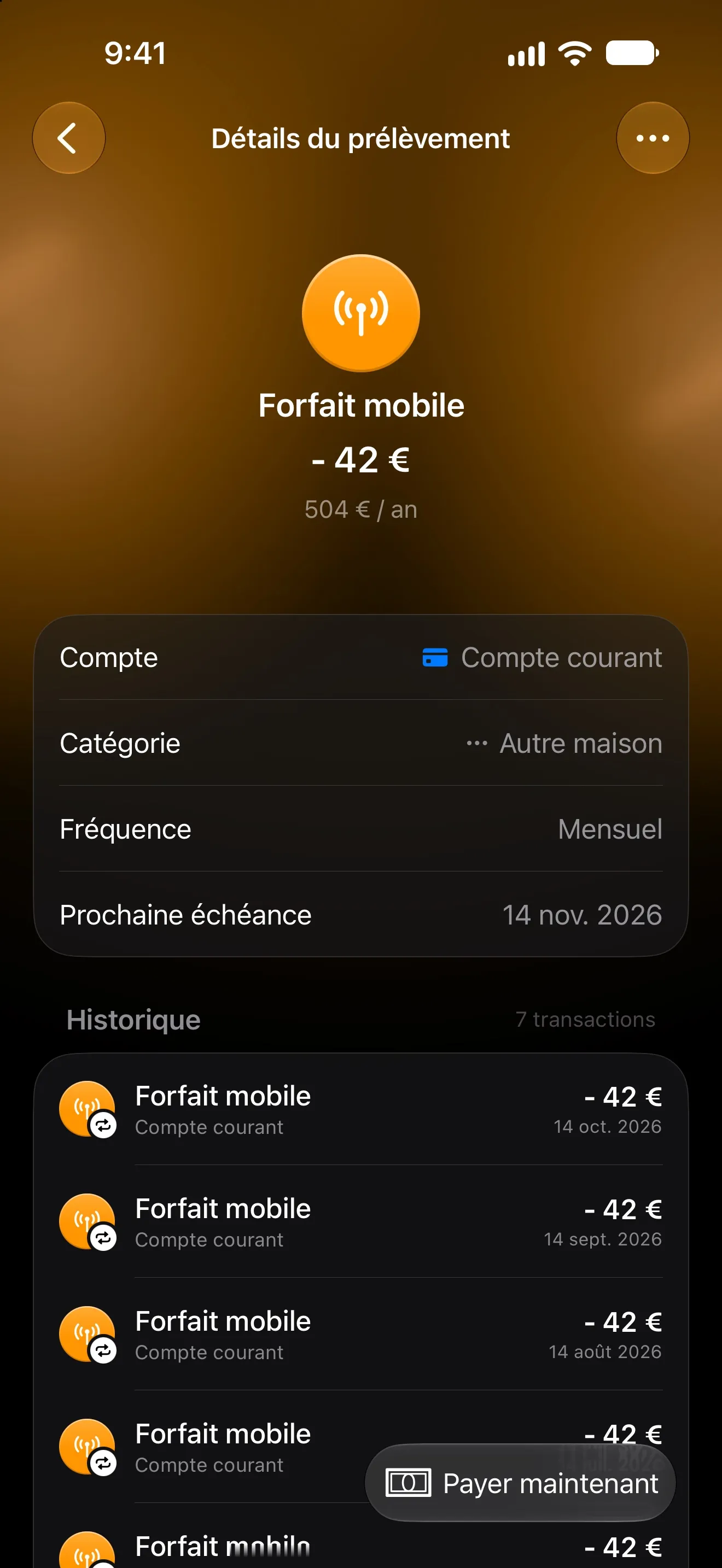 Page d’un prélèvement Lode pour un forfait mobile mensuel avec la prochaine échéance et l’historique des paiements