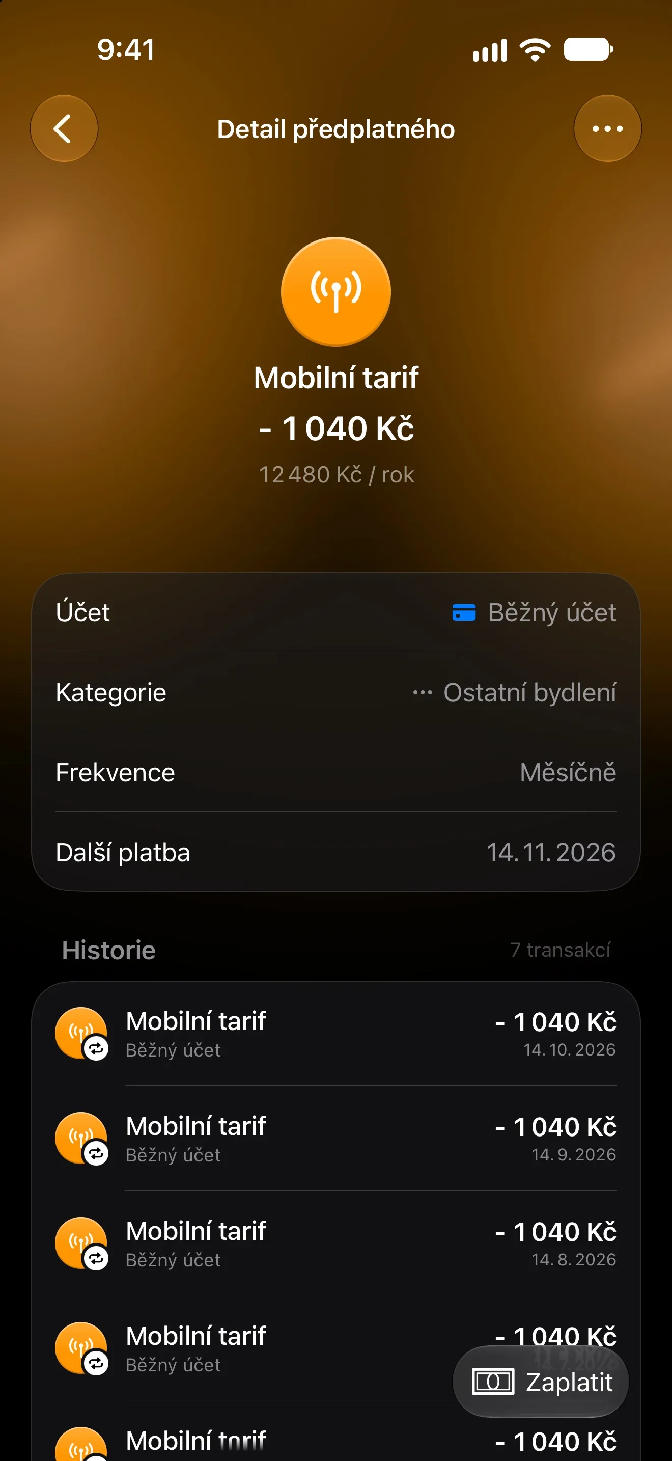 Stránka předplatného v Lode pro měsíční mobilní tarif s dalším datem splatnosti a historií plateb