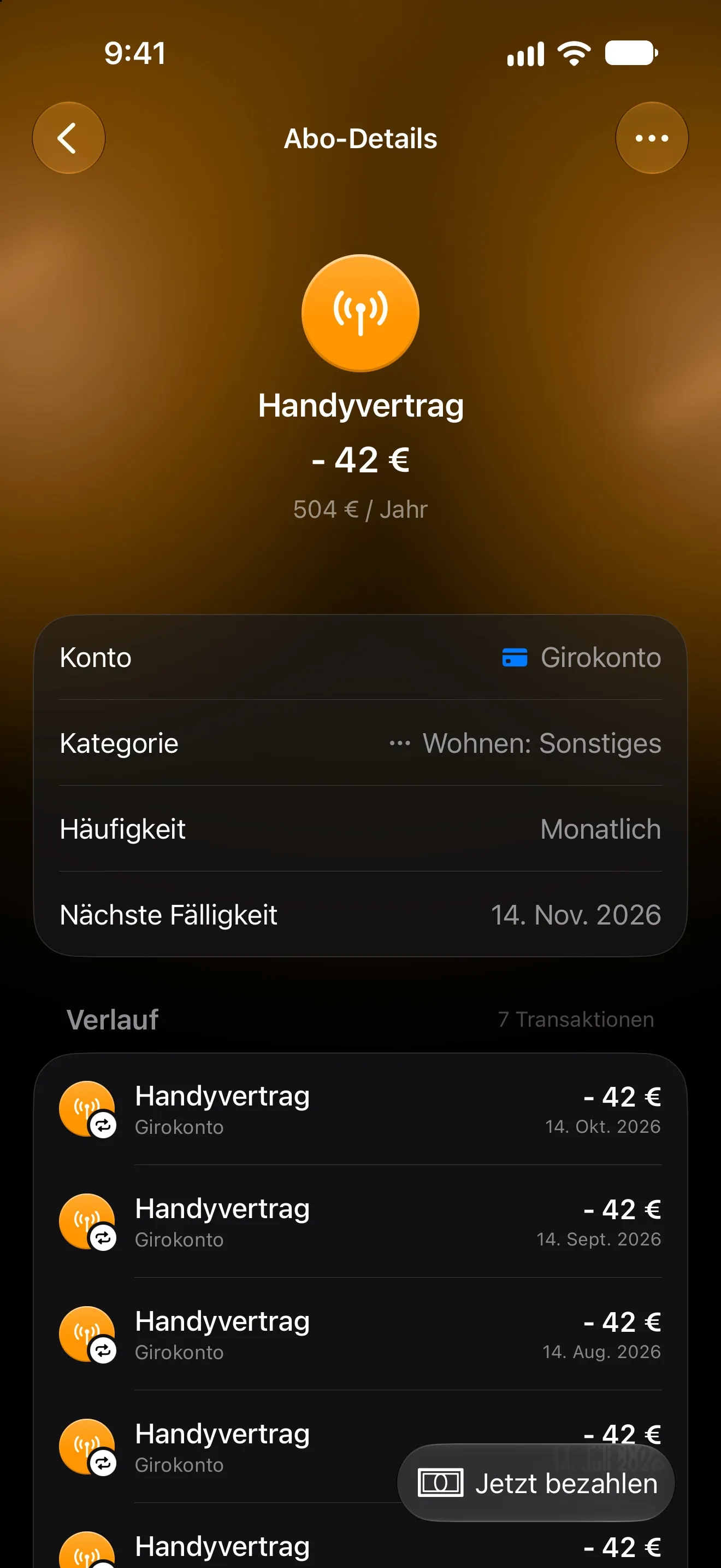 Lode-Abo-Seite für einen monatlichen Handytarif mit dem nächsten Fälligkeitsdatum und dem Zahlungsverlauf