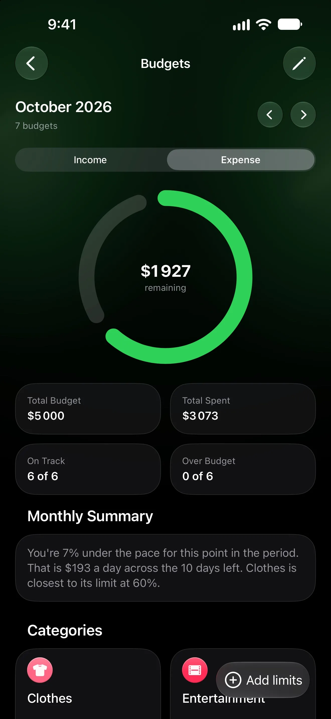 Lode Budgets screen with the amount left this month, total budget and categories on track