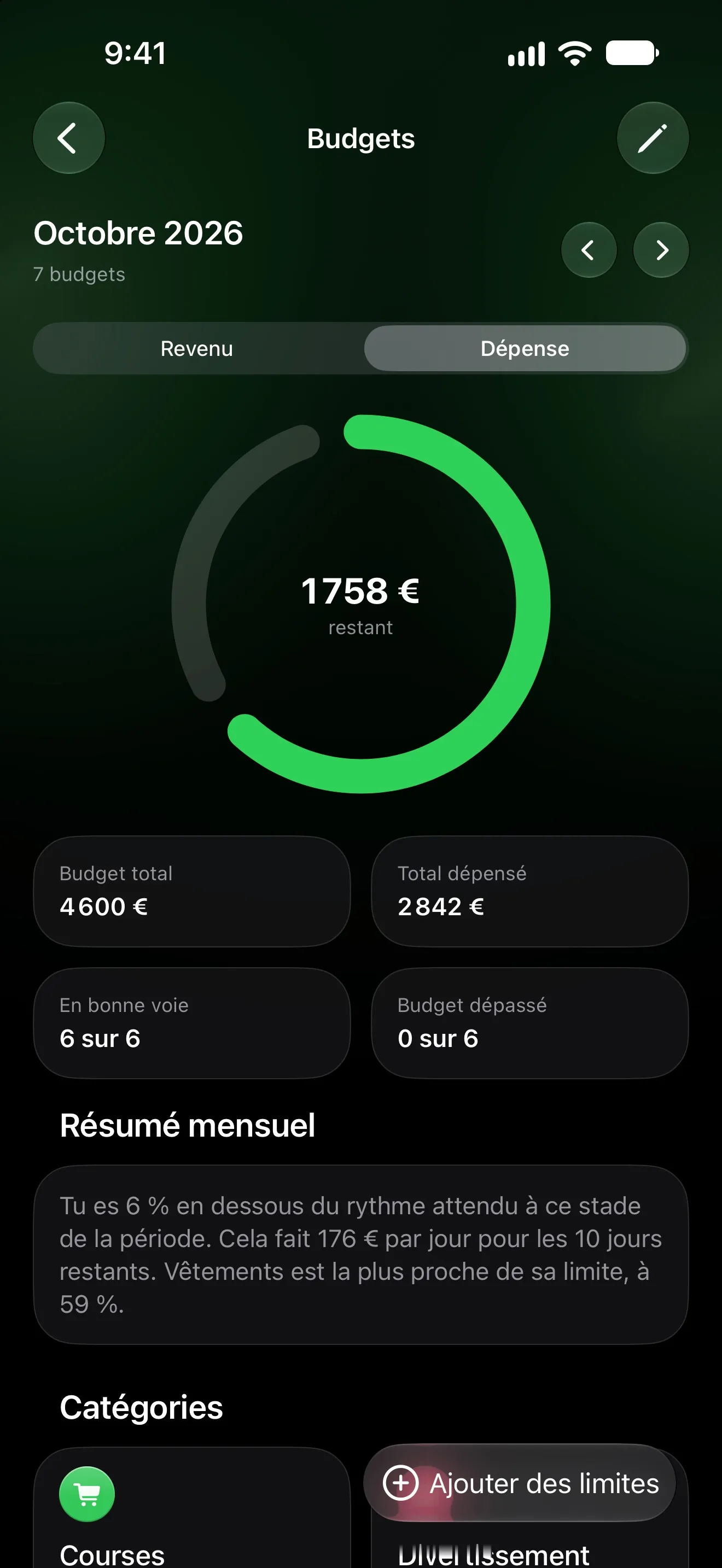 Écran Budgets de Lode avec le montant restant ce mois-ci, le budget total et les catégories dans les clous
