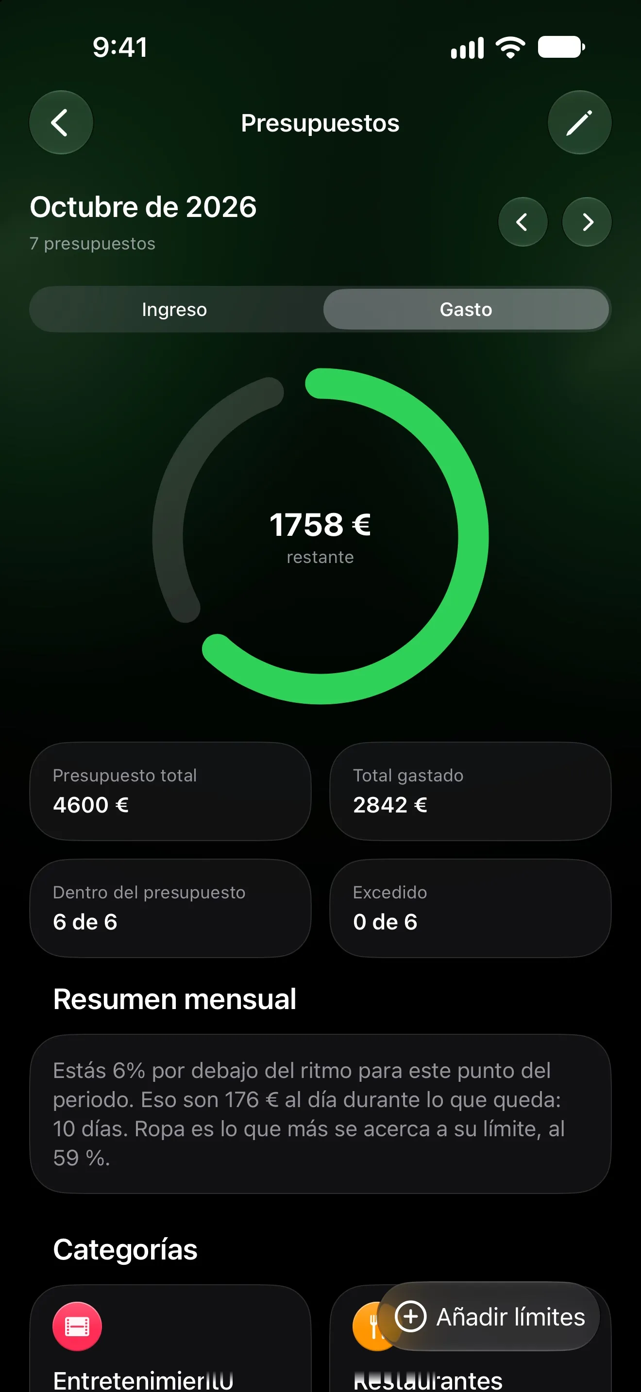 Pantalla Presupuestos de Lode con lo que queda este mes, el presupuesto total y las categorías dentro del límite