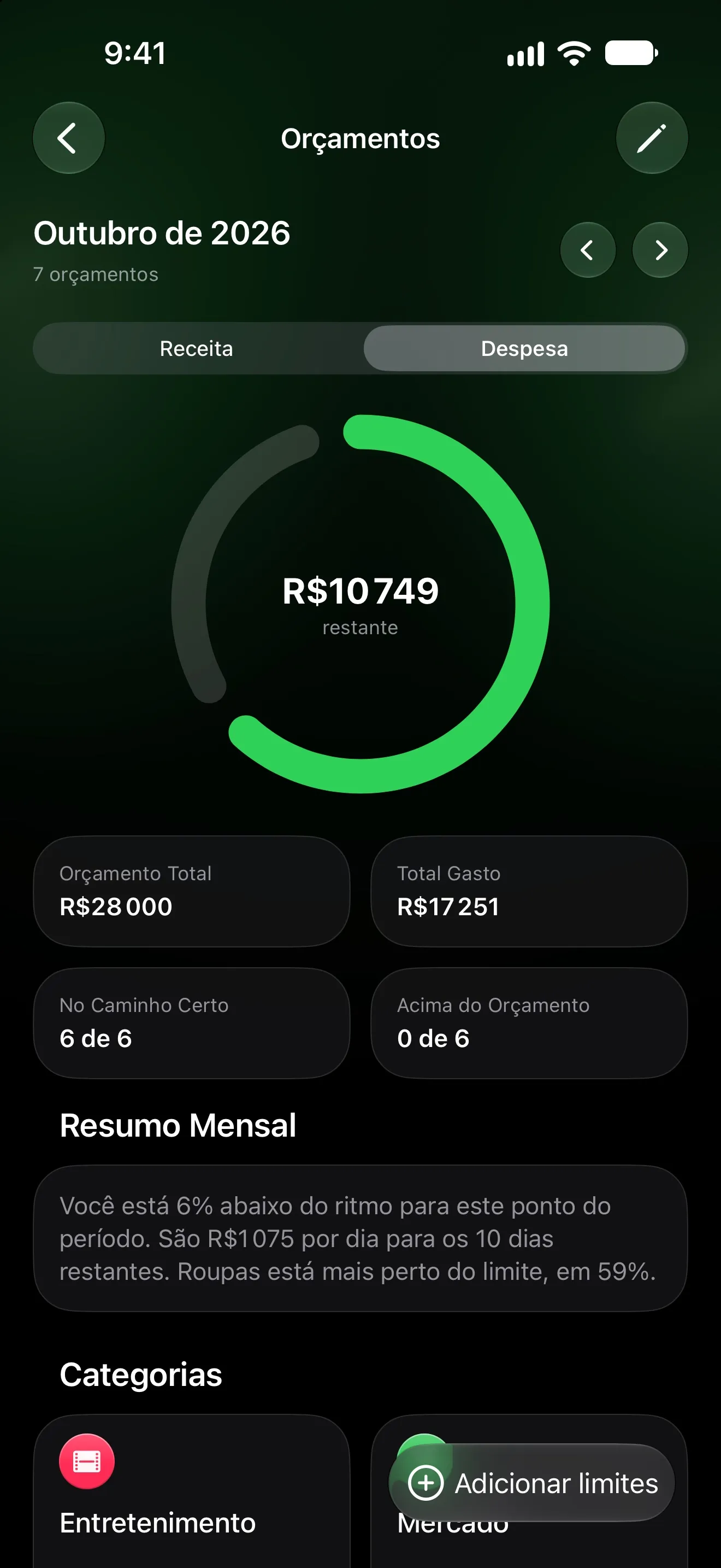 Tela Orçamentos do Lode com o valor restante neste mês, o orçamento total e as categorias dentro do limite