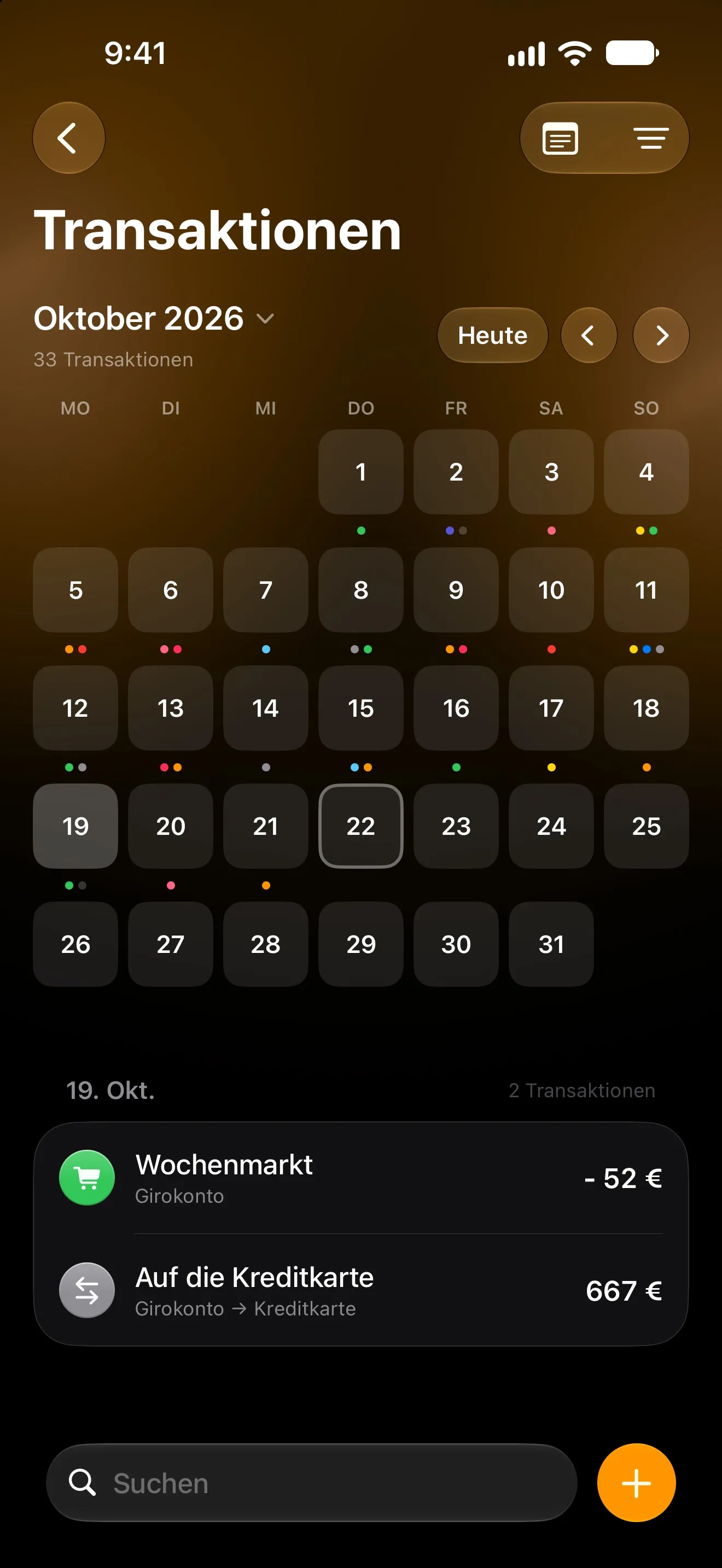 Lode-Transaktionskalender für Oktober mit den Transaktionen des Tages darunter