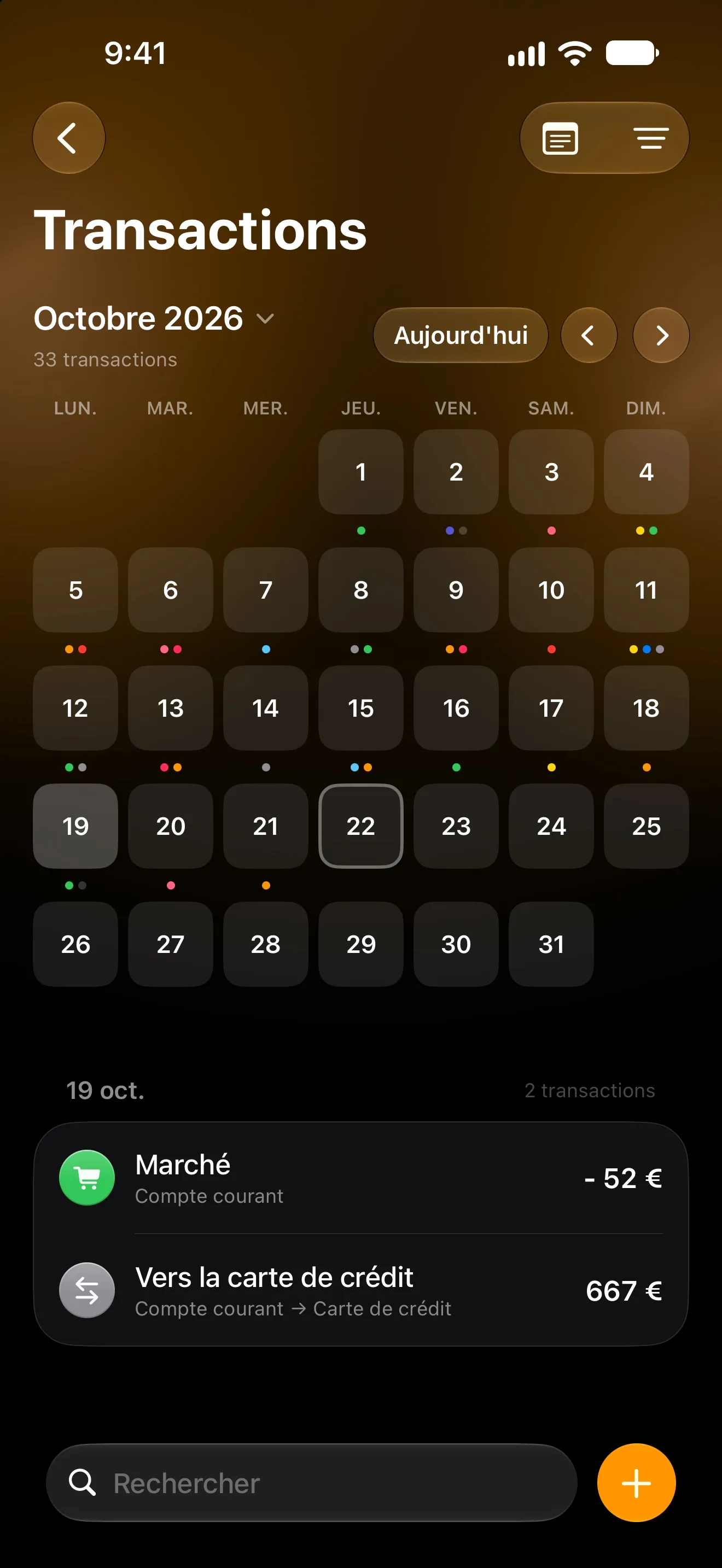 Calendrier des transactions de Lode pour octobre, avec les transactions du jour en dessous