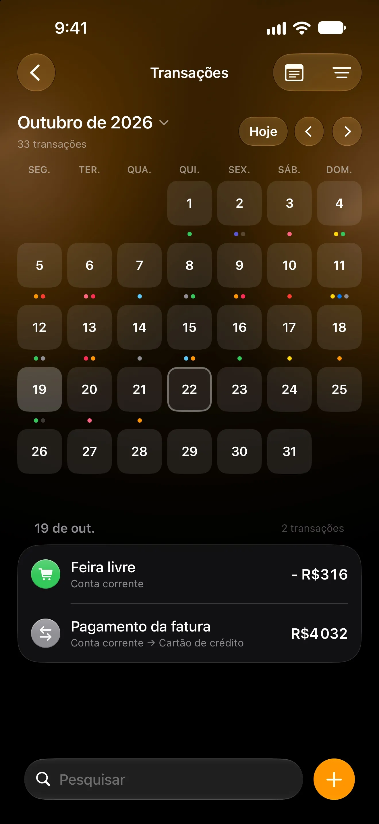 Calendário de transações do Lode de outubro com as transações do dia logo abaixo