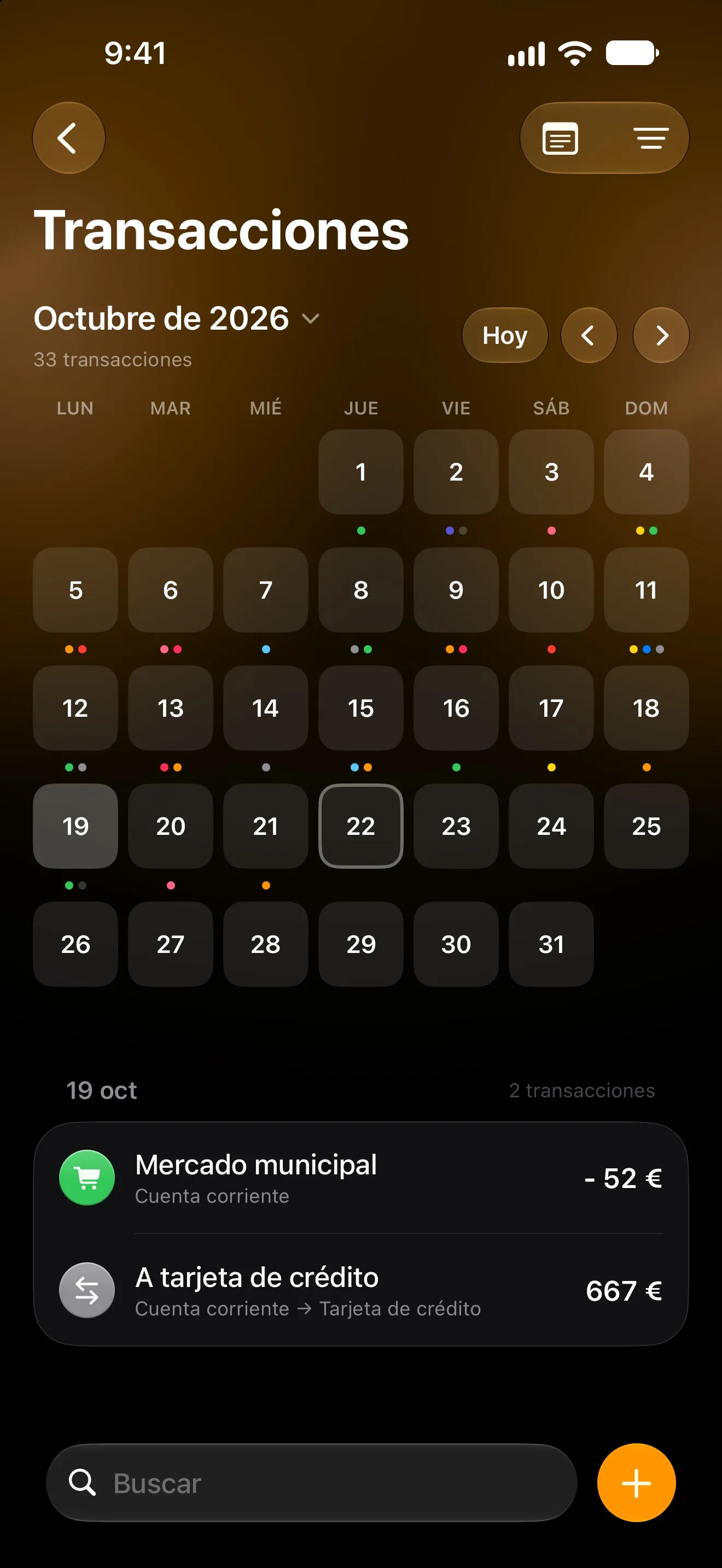 Calendario de transacciones de Lode de octubre con las transacciones del día debajo