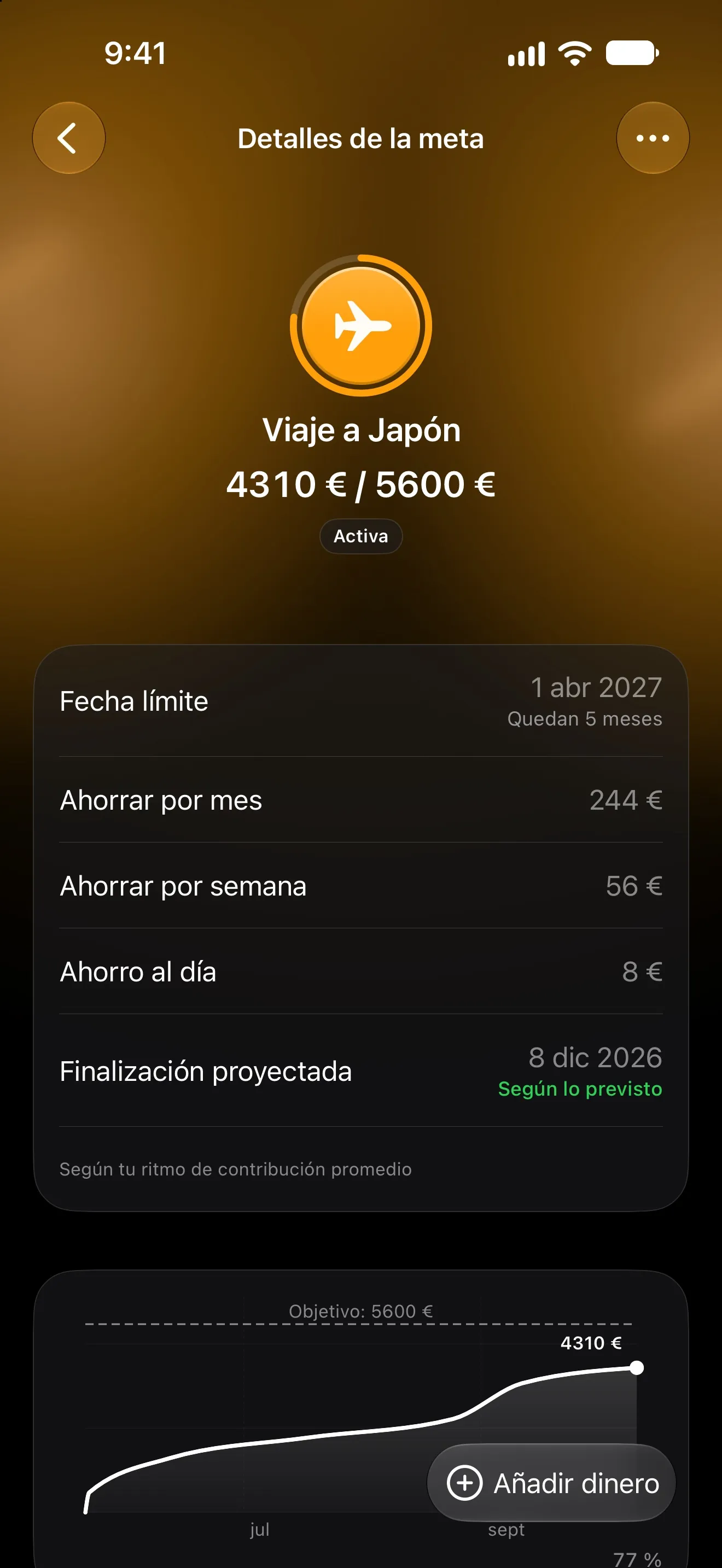Página de una meta de Lode para un viaje a Japón con lo ahorrado, el ritmo mensual y el gráfico de progreso