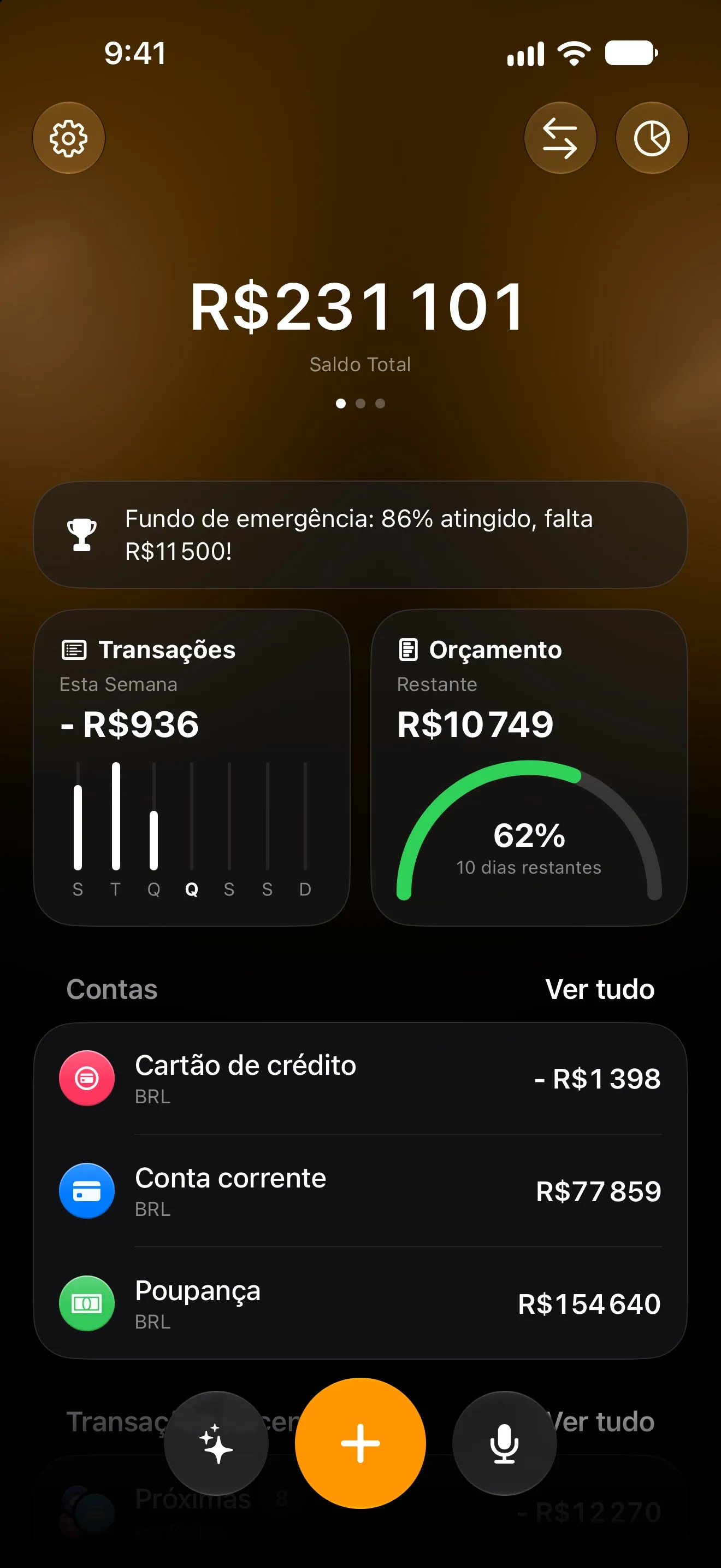 Painel do Lode com o saldo total, os gastos desta semana, o anel do orçamento mensal e as contas