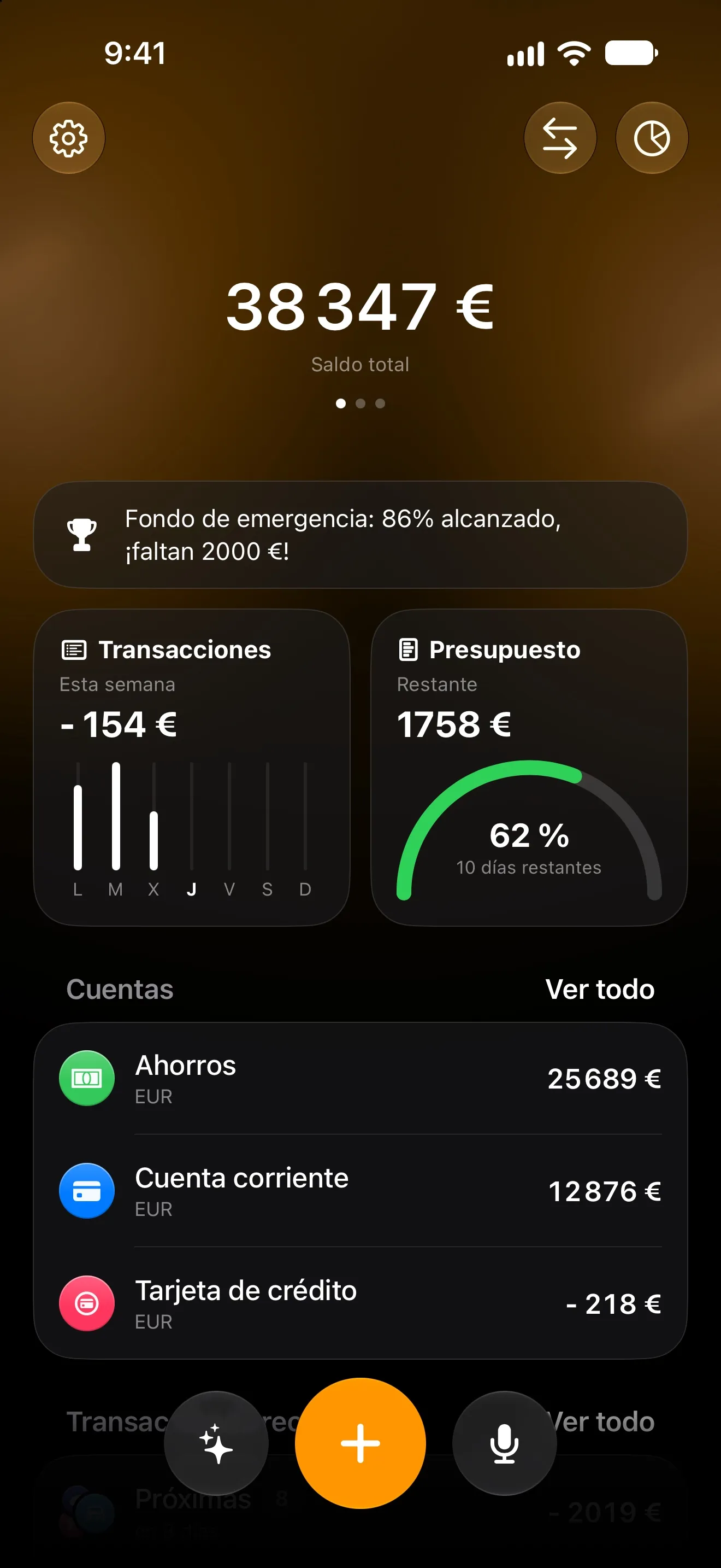 Panel de Lode con el saldo total, los gastos de esta semana, el anillo del presupuesto mensual y las cuentas