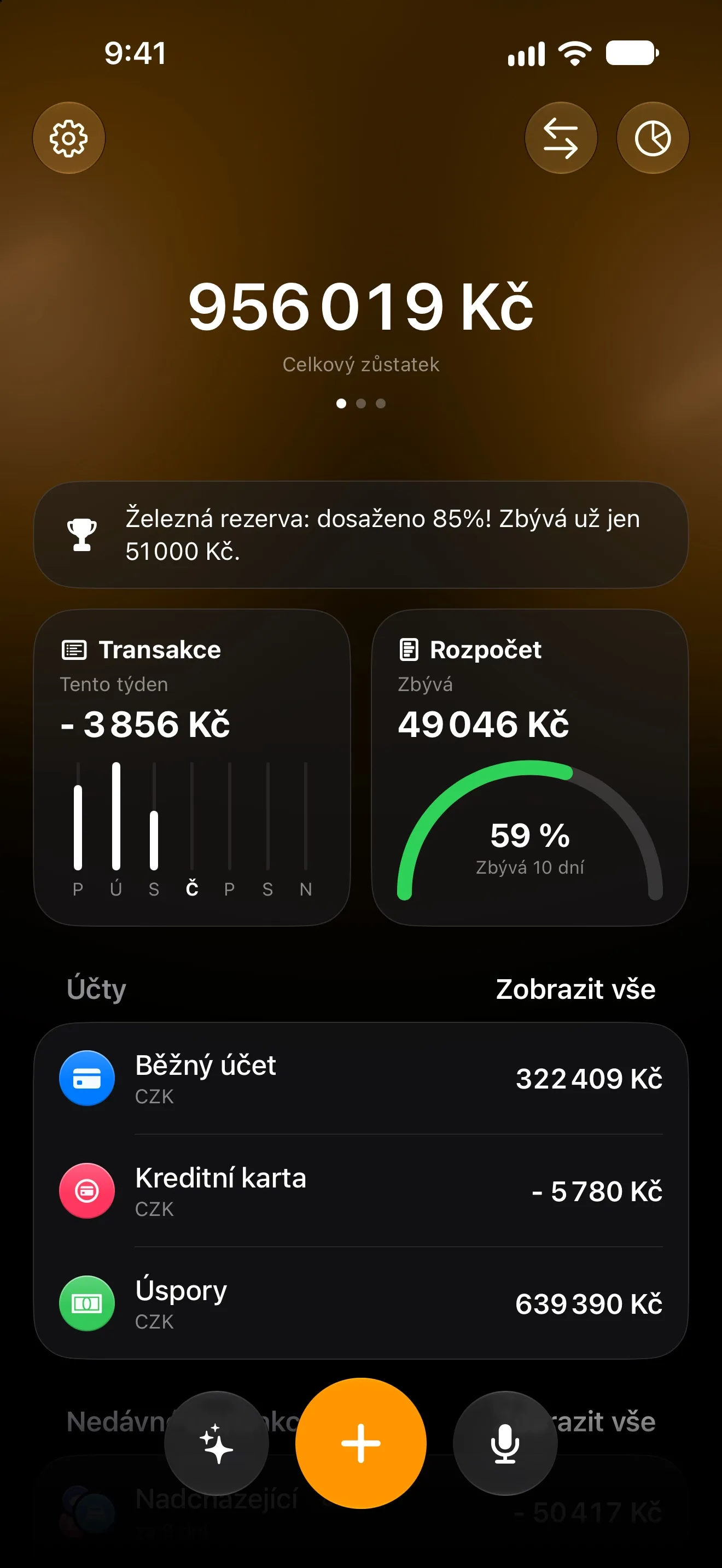 Úvodní obrazovka Lode s celkovým zůstatkem, výdaji za tento týden, kruhem měsíčního rozpočtu a účty