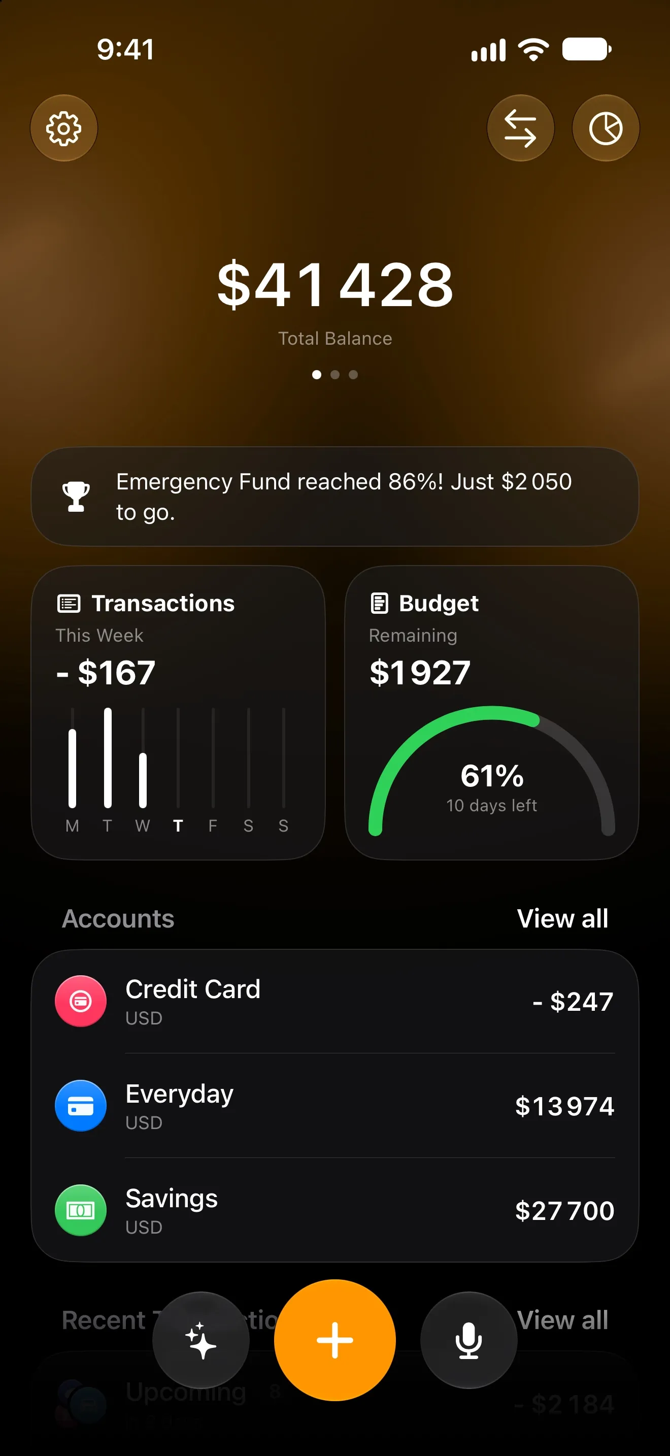 Lode home screen with the total balance, this week’s spending, the monthly budget ring and accounts