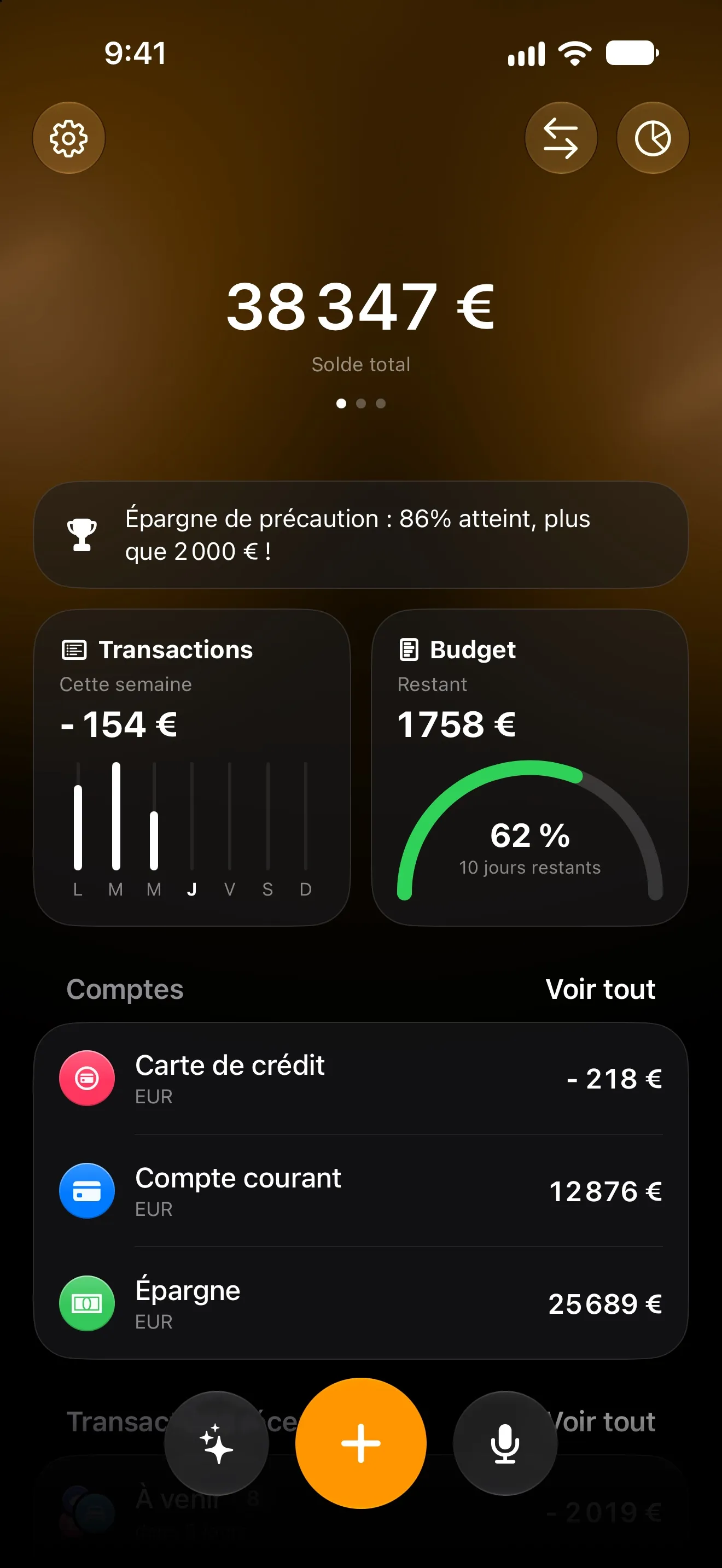 Écran d’accueil de Lode avec le solde total, les dépenses de la semaine, l’anneau du budget mensuel et les comptes