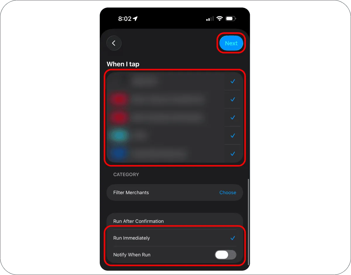 Selecting the Wallet cards to watch and setting the automation to Run Immediately