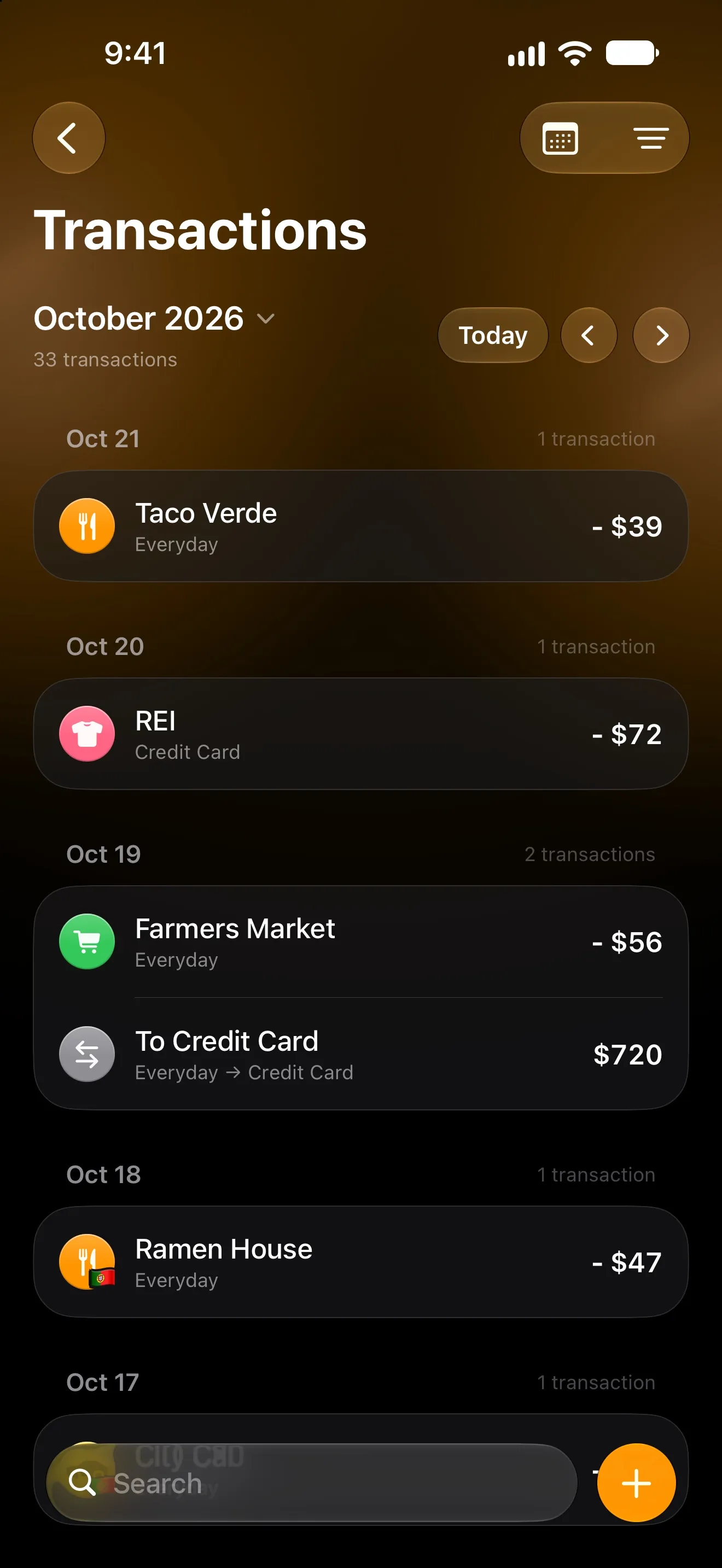 Lode transactions for October, logged automatically and grouped by day