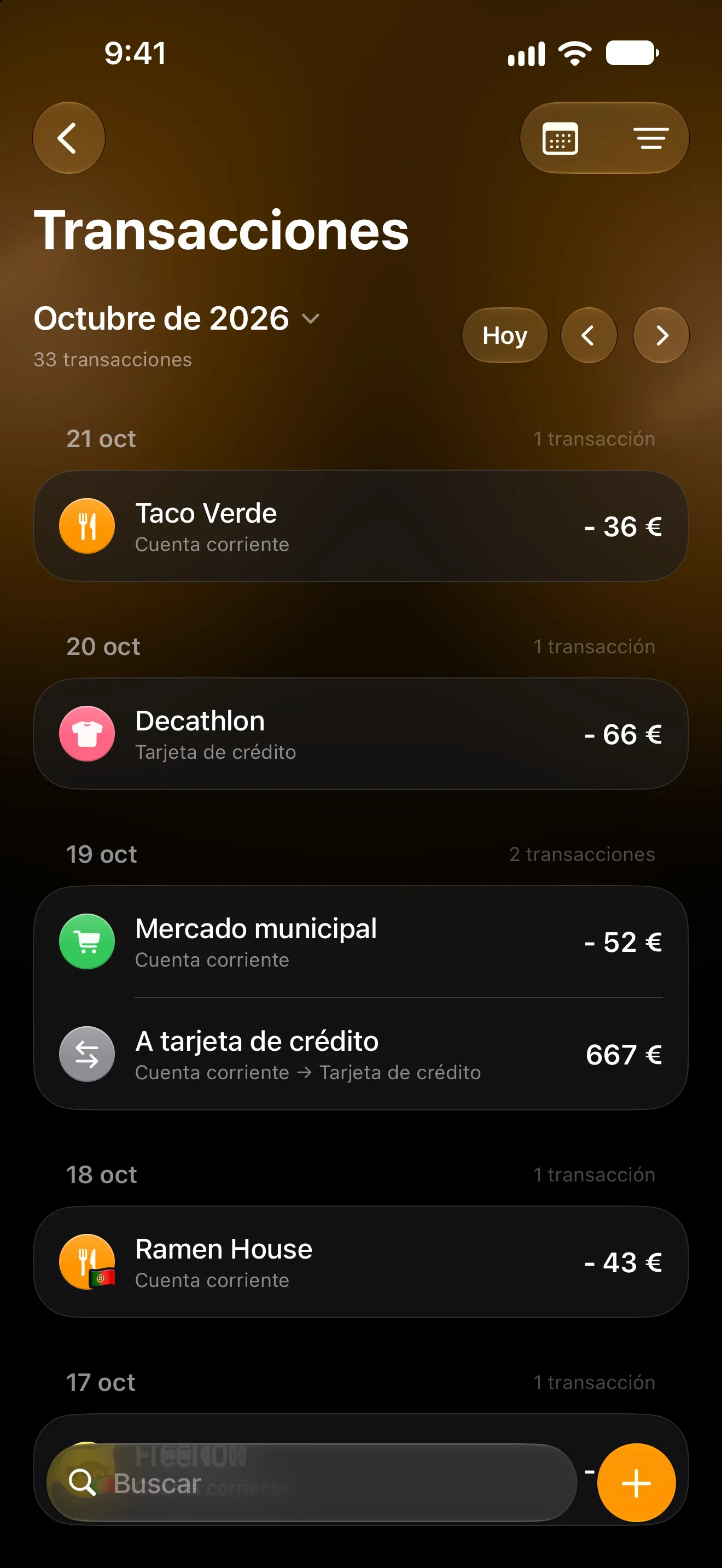 Transacciones de Lode de octubre, registradas automáticamente y agrupadas por día