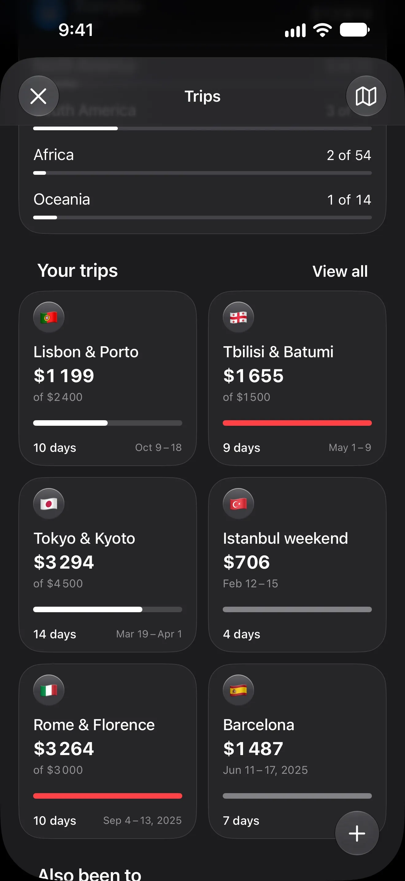 Lode trips with a budget, dates and flag for each — Lisbon & Porto, Tbilisi, Tokyo, Istanbul, Rome, Barcelona