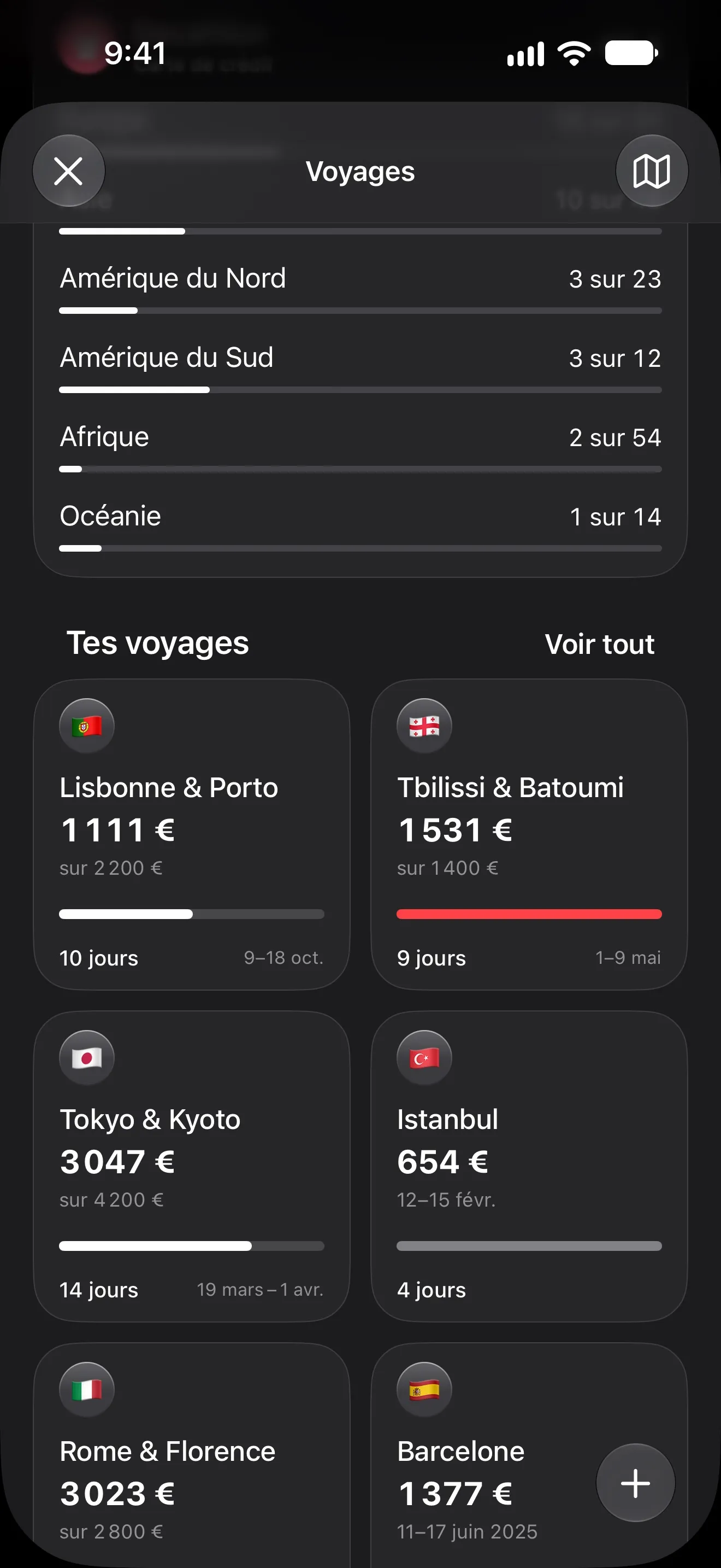 Voyages dans Lode avec un budget, des dates et un drapeau pour chacun — Lisbonne et Porto, Tbilissi, Tokyo, Istanbul, Rome, Barcelone